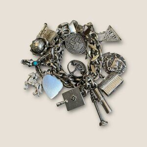 Estate Vintage Charm Bracelet Loaded With Sterling Charms Including Bell Trading